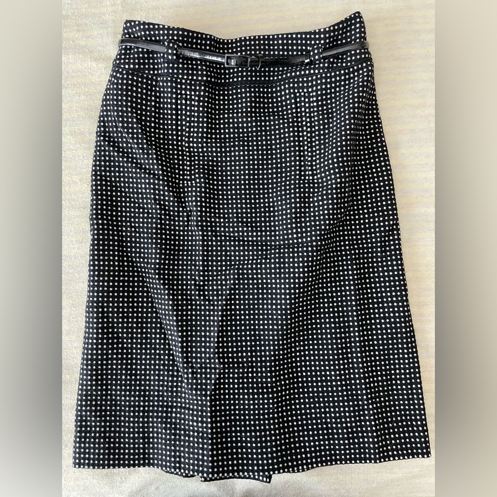 EUC Ann Taylor Black & White Polka Dot Wool Belted Skirt! Sz 2